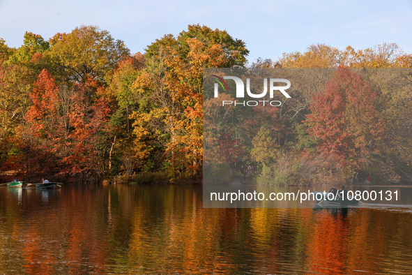 People are enjoying a boat ride on The Lake in Central Park, taking pleasure in the fall weather in New York City, New York, on November 8,...