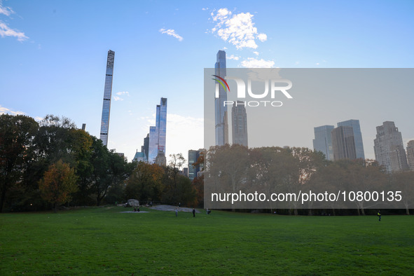 People enjoy a fall day in the Sheep Meadow in Central Park while enjoying the fall weather in New York City, New York , Monday, Nov. 6, 202...