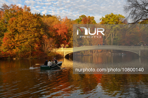 People take photos on the Oak Bridge in Central Park while enjoying the fall weather in New York City, New York , Monday, Nov. 6, 2023.  