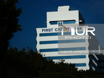 First Credit Bank sign is seen on the building in Los Angeles, United States on November 13, 2023. (