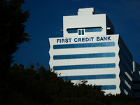 First Credit Bank sign is seen on the building in Los Angeles, United States on November 13, 2023. (