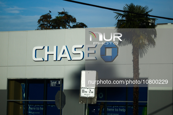 Chase logo is seen on the building in Los Angeles, United States on November 13, 2023. 