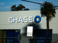 Chase logo is seen on the building in Los Angeles, United States on November 13, 2023. (