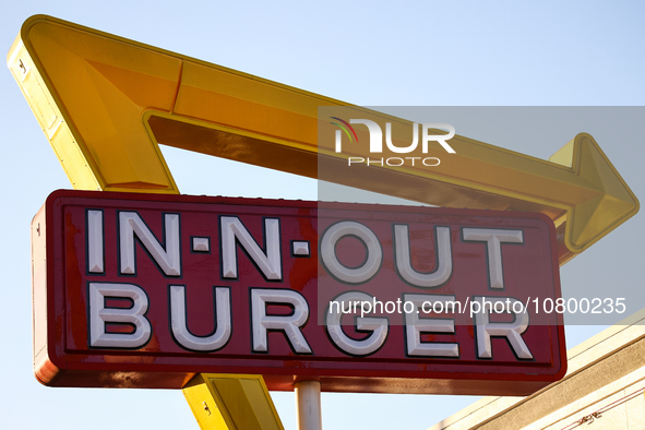 In-n-out Burger logo is seen near the restaurant in Los Angeles, United States on November 13, 2023. 