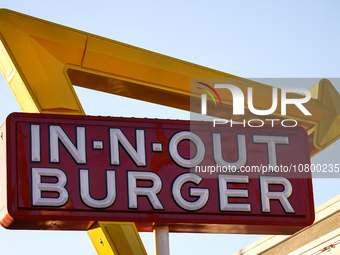 In-n-out Burger logo is seen near the restaurant in Los Angeles, United States on November 13, 2023. (