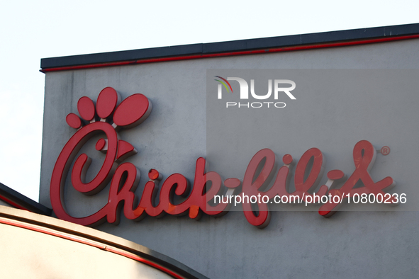 Chick-fil-A logo is seen near the restaurant in Los Angeles, United States on November 13, 2023. 