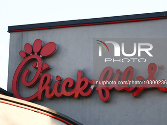 Chick-fil-A logo is seen near the restaurant in Los Angeles, United States on November 13, 2023. (