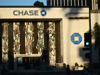 Chase logo is seen on the building in Los Angeles, United States on November 13, 2023. (