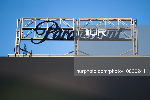 Paramount logo is seen on the building in Los Angeles, United States on November 13, 2023. 