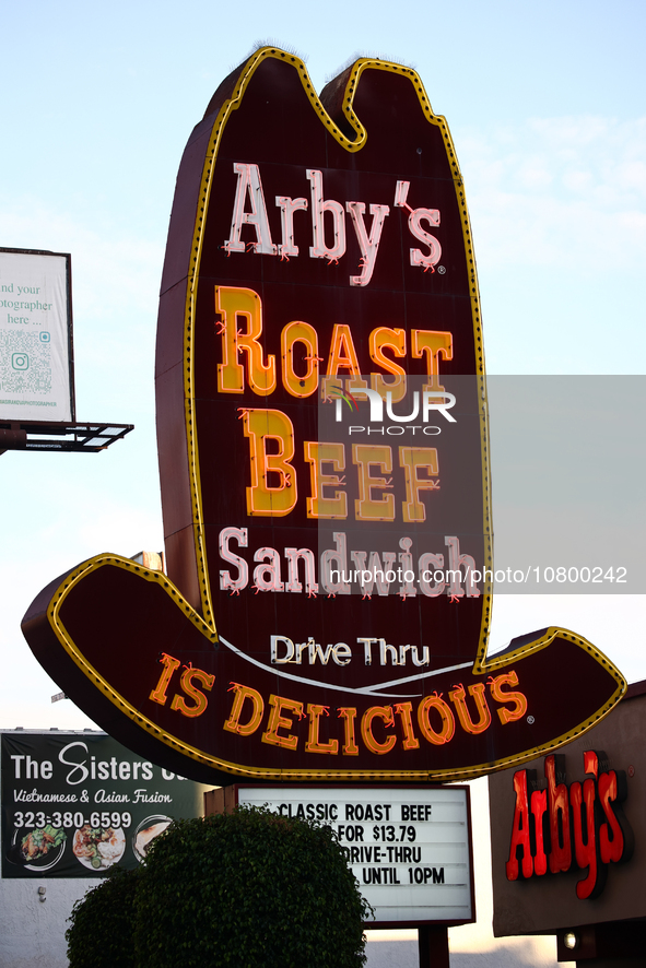 Arby's sign is seen near the building in Los Angeles, United States on November 13, 2023. 