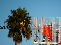 Netflix logo is seen on the building in Los Angeles, United States on November 13, 2023. (