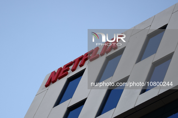 Netflix logo is seen on the building in Los Angeles, United States on November 13, 2023. 