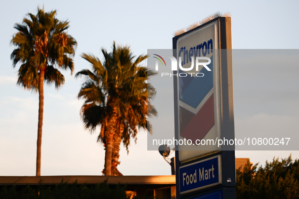 Chevron logo is seen at the gas station in Los Angeles, United States on November 13, 2023. 