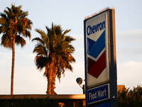 Chevron logo is seen at the gas station in Los Angeles, United States on November 13, 2023. (