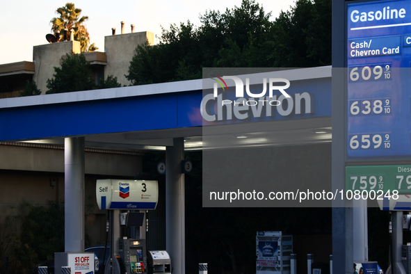 Chevron logo is seen at the gas station in Los Angeles, United States on November 13, 2023. 