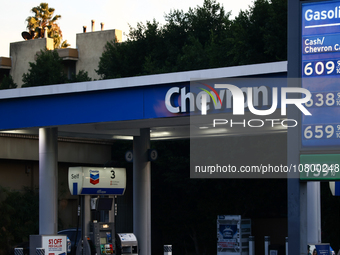 Chevron logo is seen at the gas station in Los Angeles, United States on November 13, 2023. (