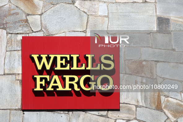 Wells Fargo logo is seen on the building in Los Angeles, United States on November 14, 2023. 