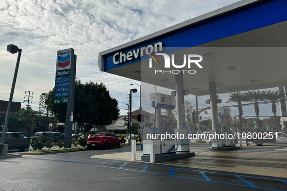 Chevron logo is seen atthe gas station in Los Angeles, United States on November 15, 2023. 