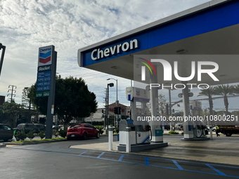 Chevron logo is seen atthe gas station in Los Angeles, United States on November 15, 2023. (