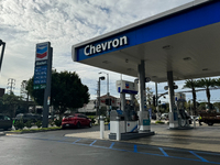 Chevron logo is seen atthe gas station in Los Angeles, United States on November 15, 2023. (