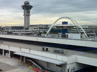 A view of the LAX Airport with the Theme Building in Los Angeles, United States on November 15, 2023. (