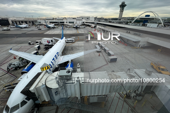 United Airlines planes are seen at the LAX Airport in Los Angeles, United States on November 15, 2023. 