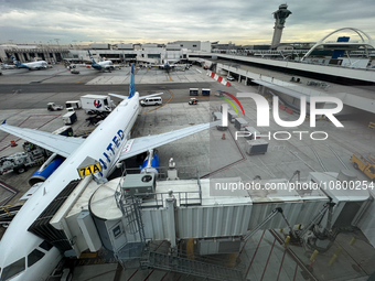 United Airlines planes are seen at the LAX Airport in Los Angeles, United States on November 15, 2023. (