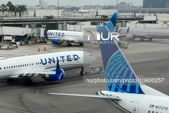 United Airlines planes are seen at the LAX Airport in Los Angeles, United States on November 15, 2023. 