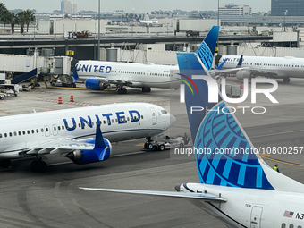 United Airlines planes are seen at the LAX Airport in Los Angeles, United States on November 15, 2023. (