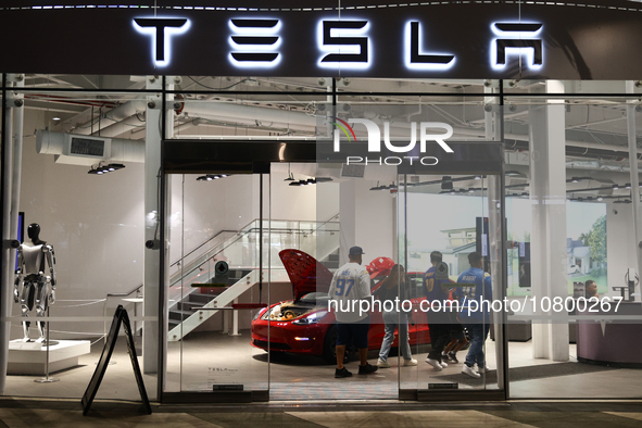 Tesla logo is seen at the showroom in Santa Monica, United States on November 12, 2023. 