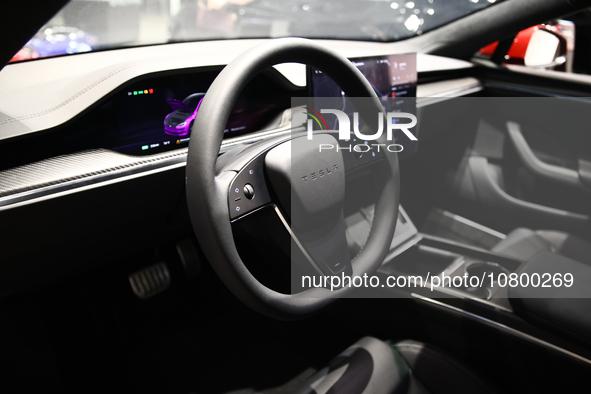 Inside view of Tesla car at the showroom in Santa Monica, United States on November 12, 2023. 