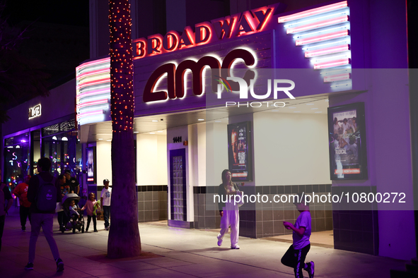 AMC logo is seen at the cinema building in Santa Monica, United States on November 12, 2023. 