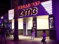 AMC logo is seen at the cinema building in Santa Monica, United States on November 12, 2023. (