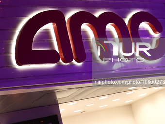 AMC logo is seen at the cinema building in Santa Monica, United States on November 12, 2023. (