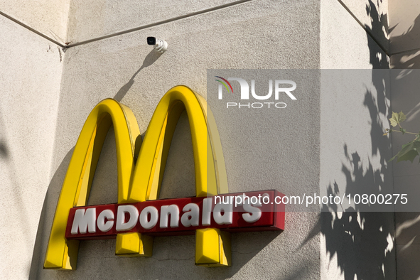 McDonald's logo is seen near the restaurant in Santa Monica, United States on November 13, 2023. 