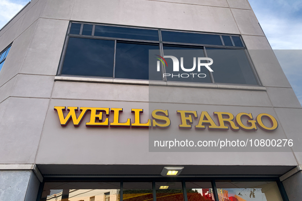 Wells Fargo logo is seen on the building in Santa Monica, United States on November 13, 2023. 