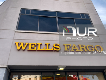 Wells Fargo logo is seen on the building in Santa Monica, United States on November 13, 2023. (