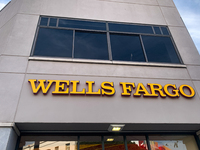 Wells Fargo logo is seen on the building in Santa Monica, United States on November 13, 2023. (