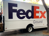 FedEx truck is seen in Santa Monica, United States on November 13, 2023. (