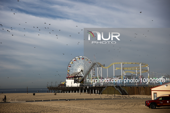 A view of the Pacific Park on the Santa Monica Pier and the beach in Santa Monica, United States on November 13, 2023. 