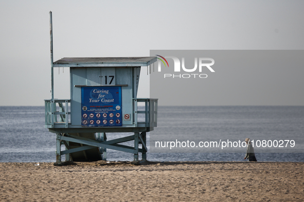 A lifeguard tower is seen on the beach in Santa Monica, United States on November 13, 2023. 