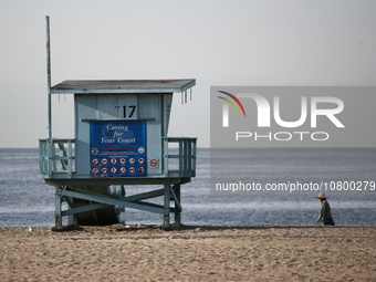 A lifeguard tower is seen on the beach in Santa Monica, United States on November 13, 2023. (