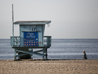 A lifeguard tower is seen on the beach in Santa Monica, United States on November 13, 2023. (