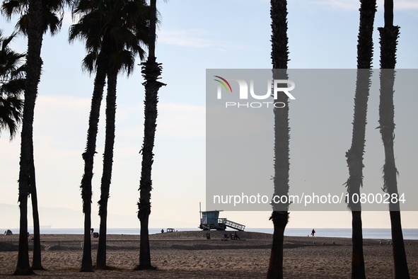 A lifeguard tower is seen on the beach in Santa Monica, United States on November 13, 2023. 