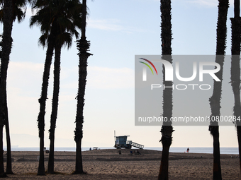 A lifeguard tower is seen on the beach in Santa Monica, United States on November 13, 2023. (