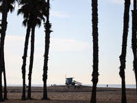 A lifeguard tower is seen on the beach in Santa Monica, United States on November 13, 2023. (