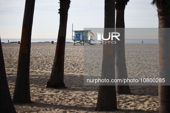 A lifeguard tower is seen on the beach in Santa Monica, United States on November 13, 2023. 