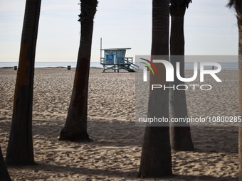 A lifeguard tower is seen on the beach in Santa Monica, United States on November 13, 2023. (