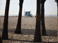 A lifeguard tower is seen on the beach in Santa Monica, United States on November 13, 2023. (