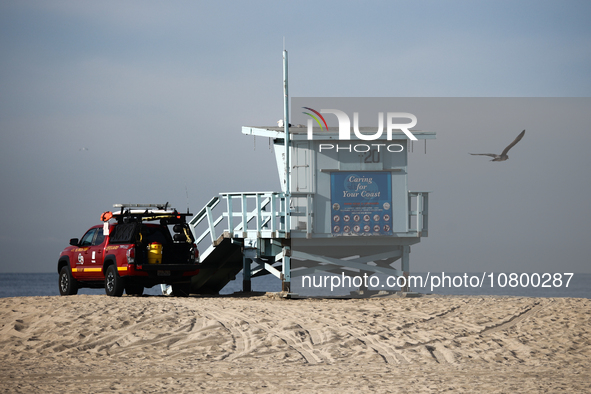 A lifeguard tower is seen on the beach in Santa Monica, United States on November 13, 2023. 